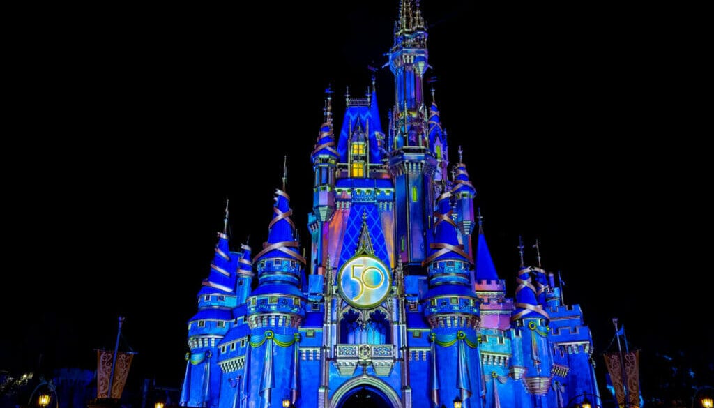Cinderella Castle with night projections for the 50th celebration- Credit Source russell102 - stock.adobe.com
